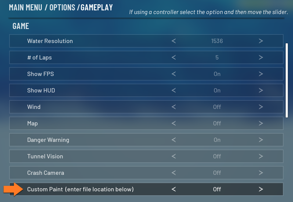 Tunnel Boat Terror gameplay options showing the Custom Paint setting