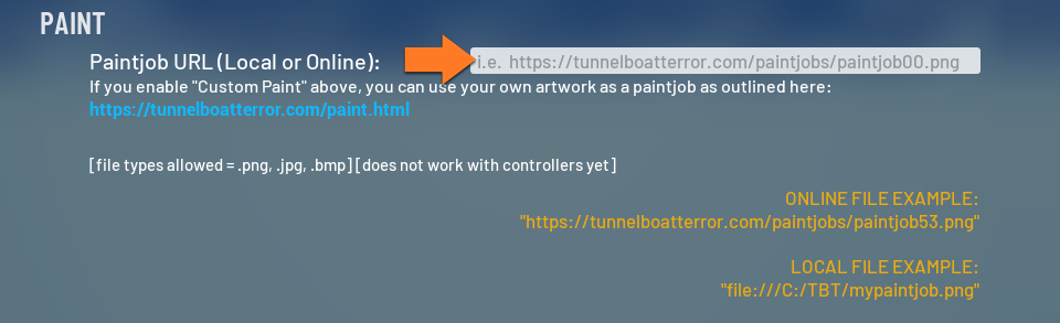Tunnel Boat Terror gameplay options showing the Custom Paint setting
